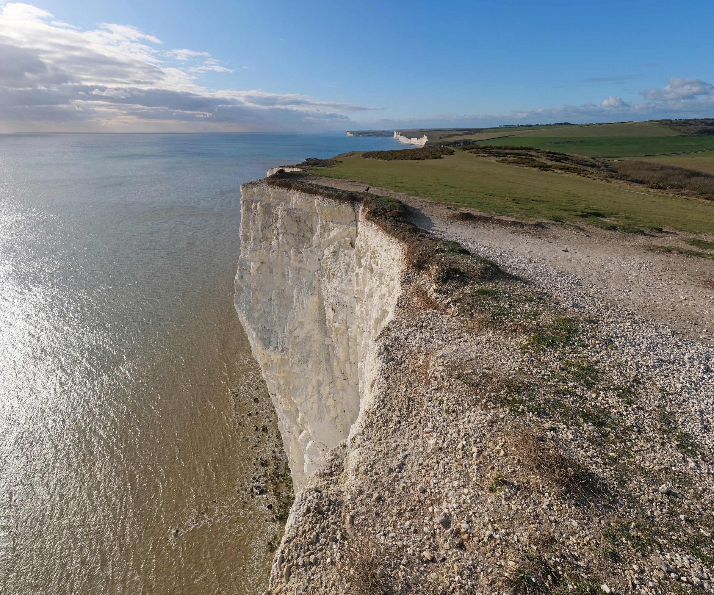 The Seven Sisters chalk cliffs on the English Channel coast near Eastbourne.
