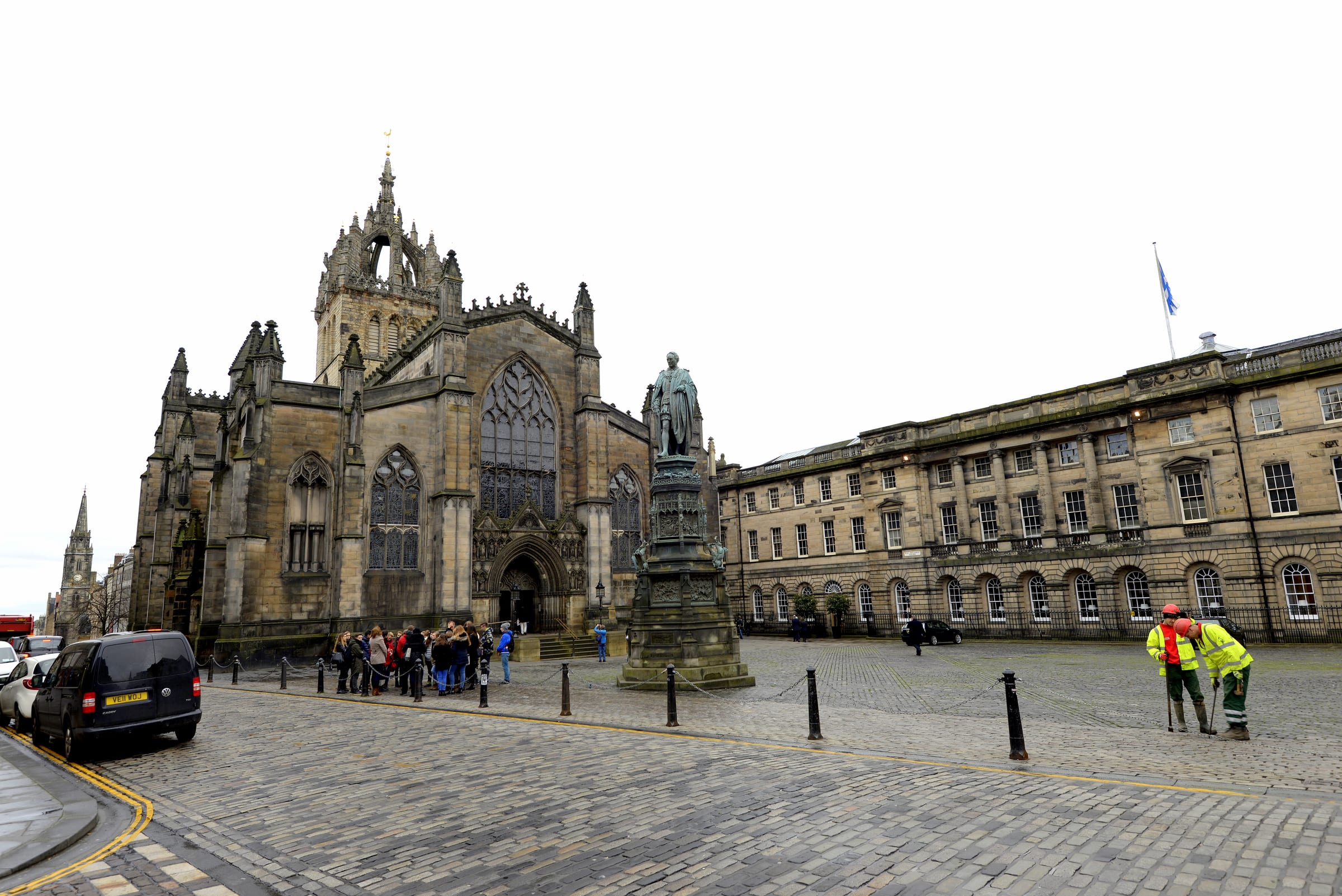 St Giles' Cathedral in Edinburgh's Old Town, showing its crown spire on the Royal Mile.