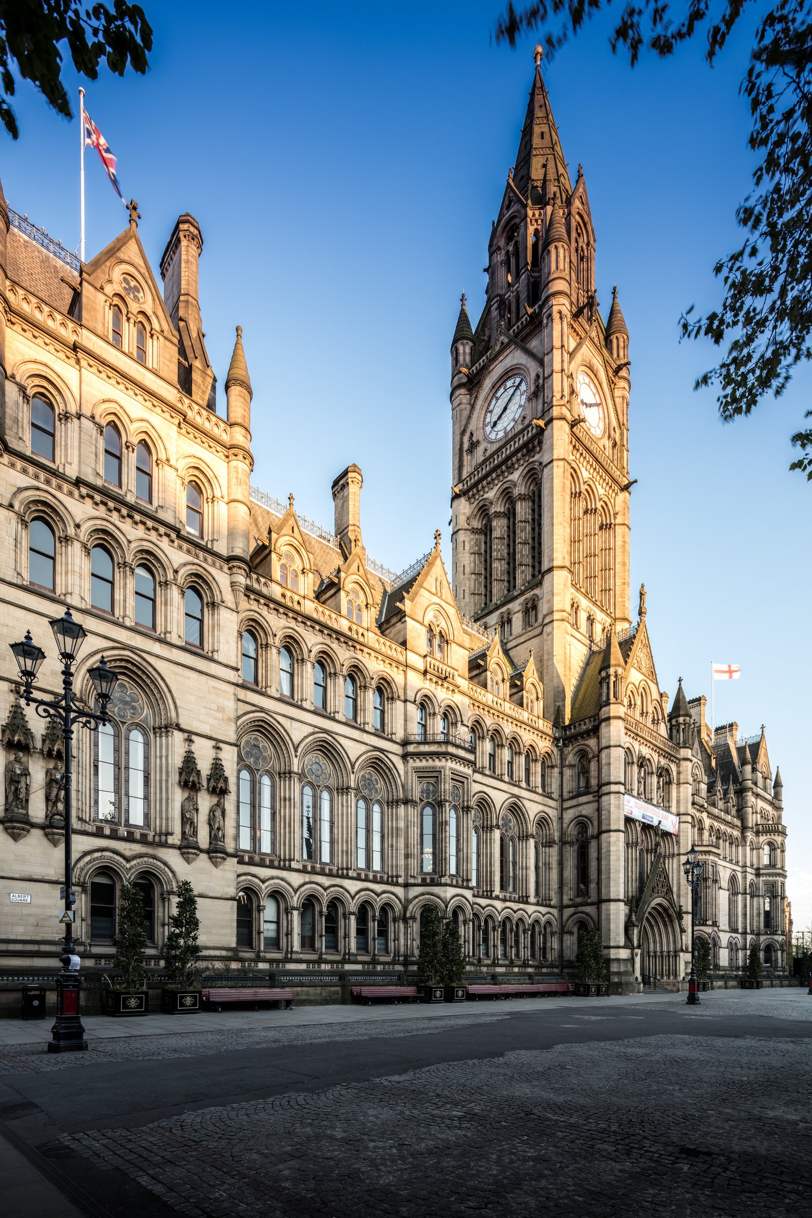 Exterior facade of Manchester Town Hall, a Gothic Revival civic building.